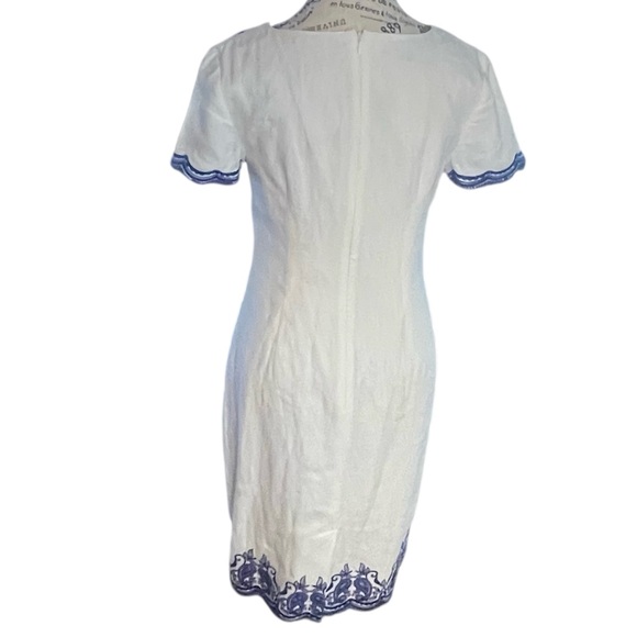 Talbots Cream Linen Sheath Dress with Round Neck and Beautiful Blue Embroidery - Picture 2 of 11
